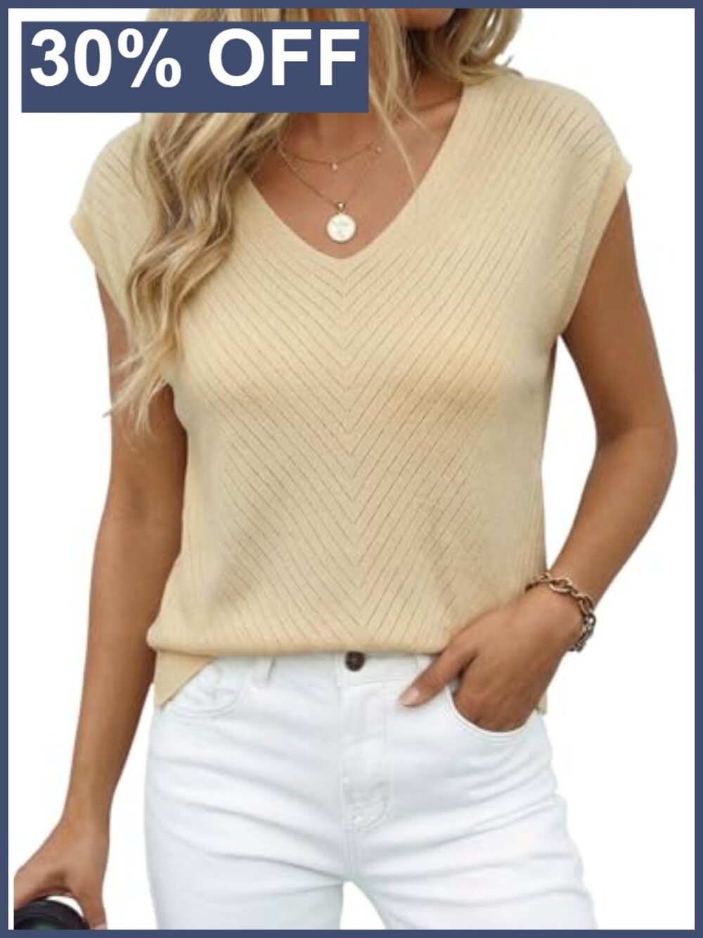 Cap Sleeve Knit V-Neck Tank Top Loose Business Casual Pullover Women